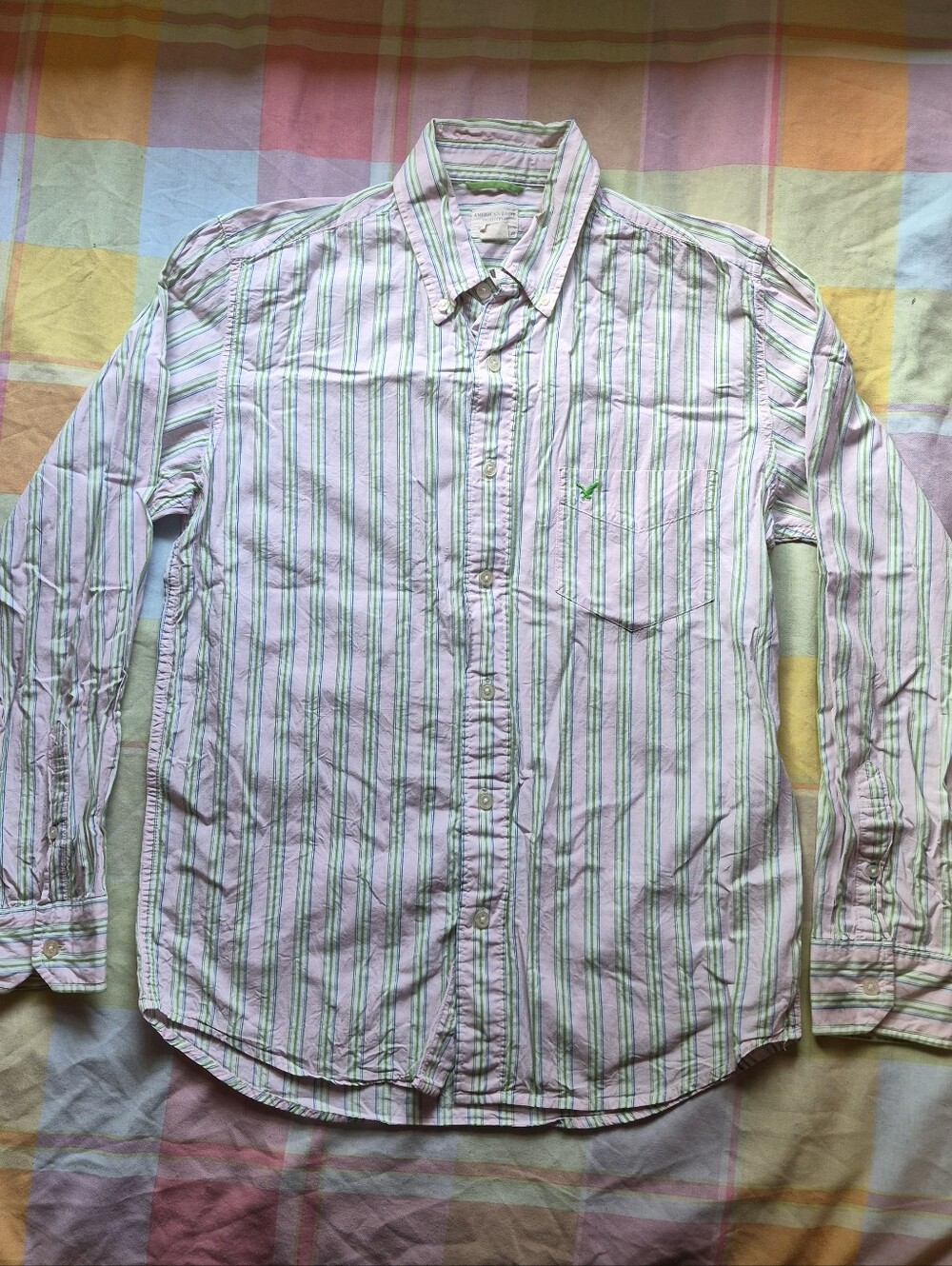 American Eagle Outfitters Pink Button-Down Shirt with Green and White Stripes